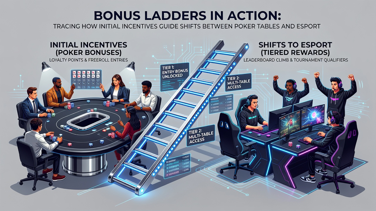 Esports arena transitioning into poker table environment with overlaid bonus progression arrows