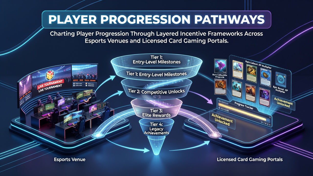 Visualization of layered incentive frameworks showing tiered rewards in esports and card gaming environments
