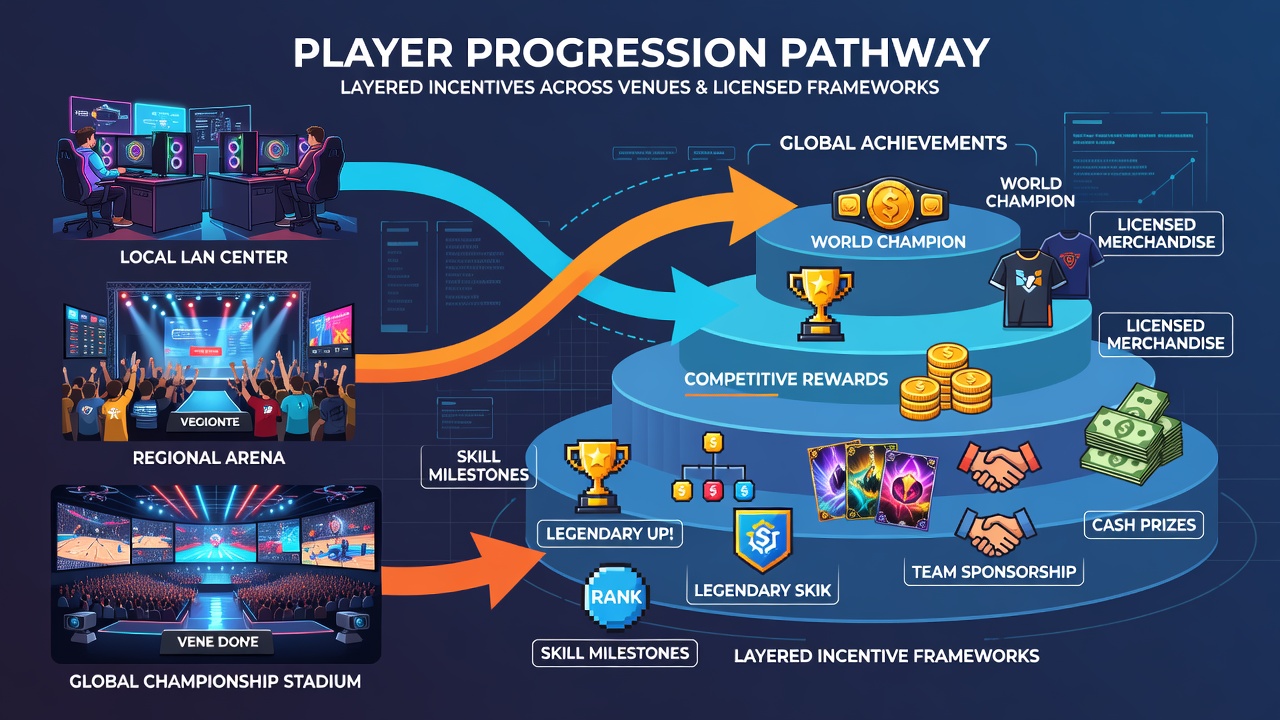 Infographic illustrating progression tiers and reward distribution in licensed card gaming portals