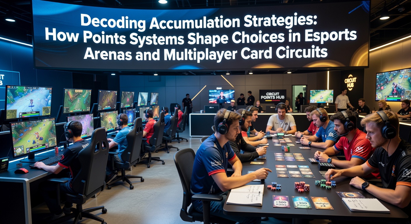 Esports arena with players competing while points accumulation displays update on large screens during a major tournament