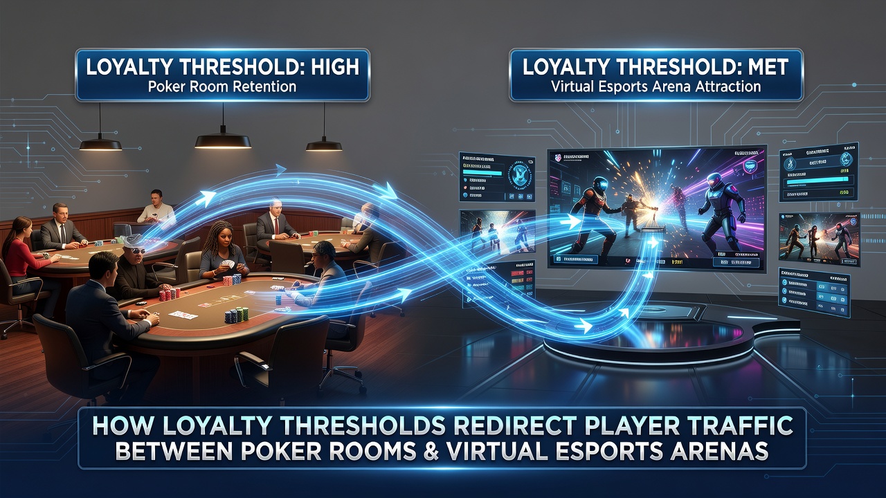 Split view of poker interface and esports dashboard displaying loyalty progress bars and reward unlocks