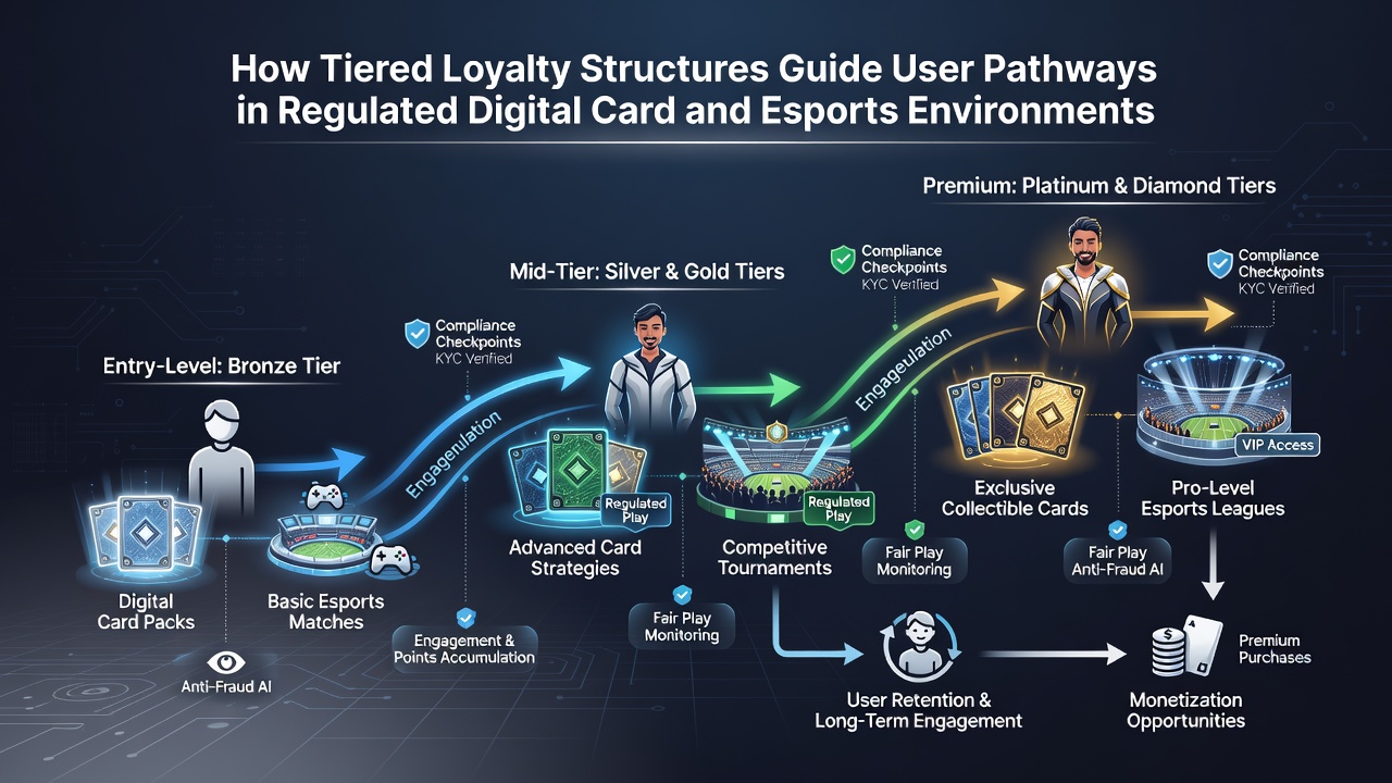 Esports arena dashboard displaying tiered loyalty progression and reward unlocks for competitive players