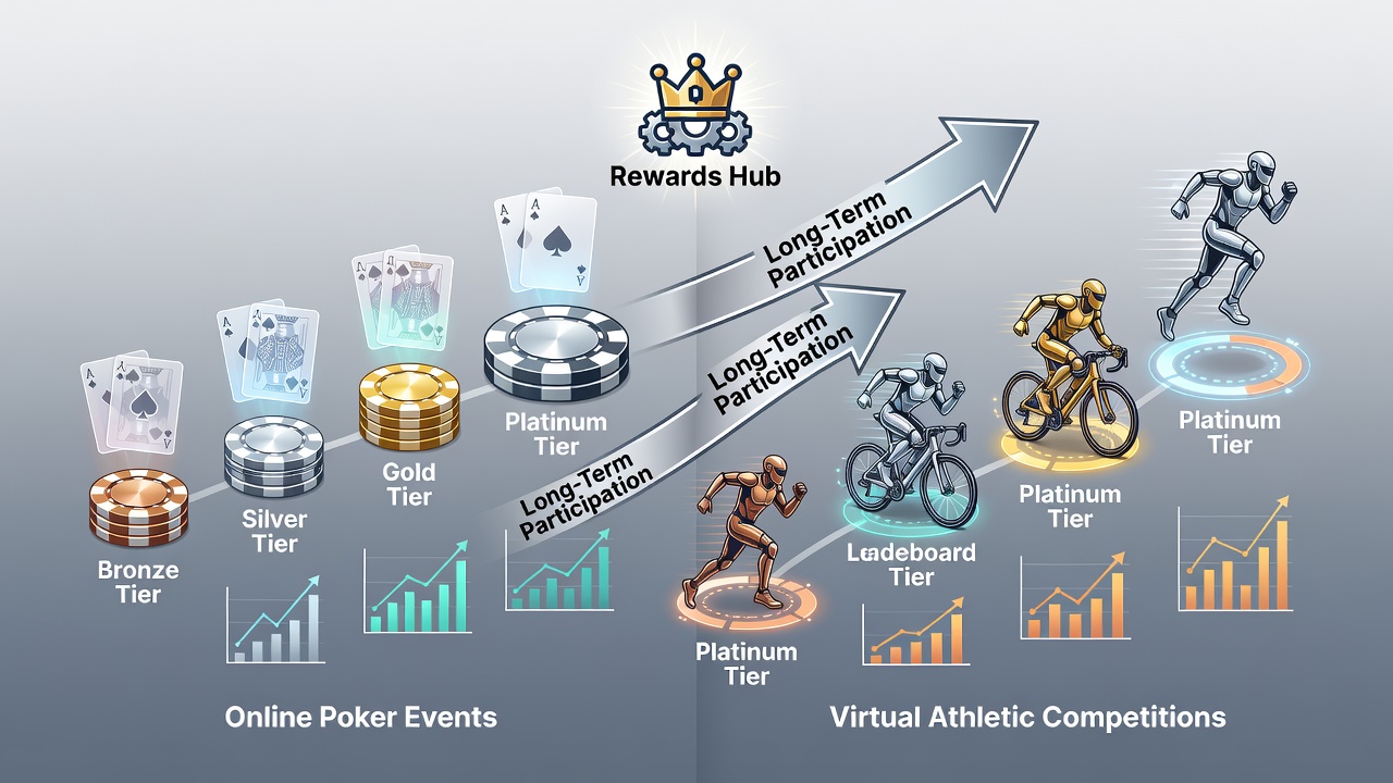 Illustration showing tiered loyalty levels with icons for poker tournaments and virtual athletic platforms