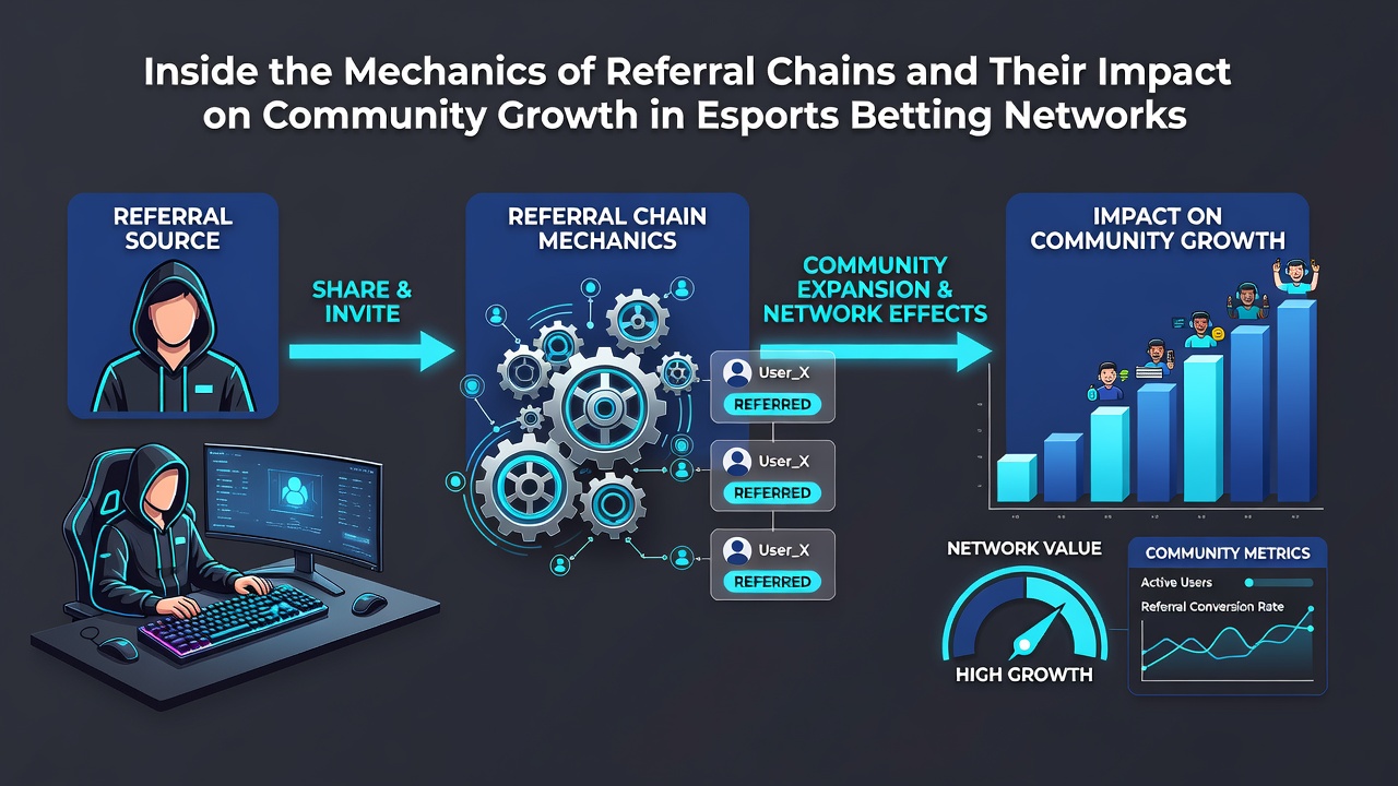 Network visualization showing interconnected user groups in esports and poker referral systems