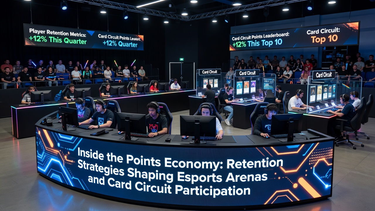 Card circuit tournament with points tracking interface and retention analytics overlay
