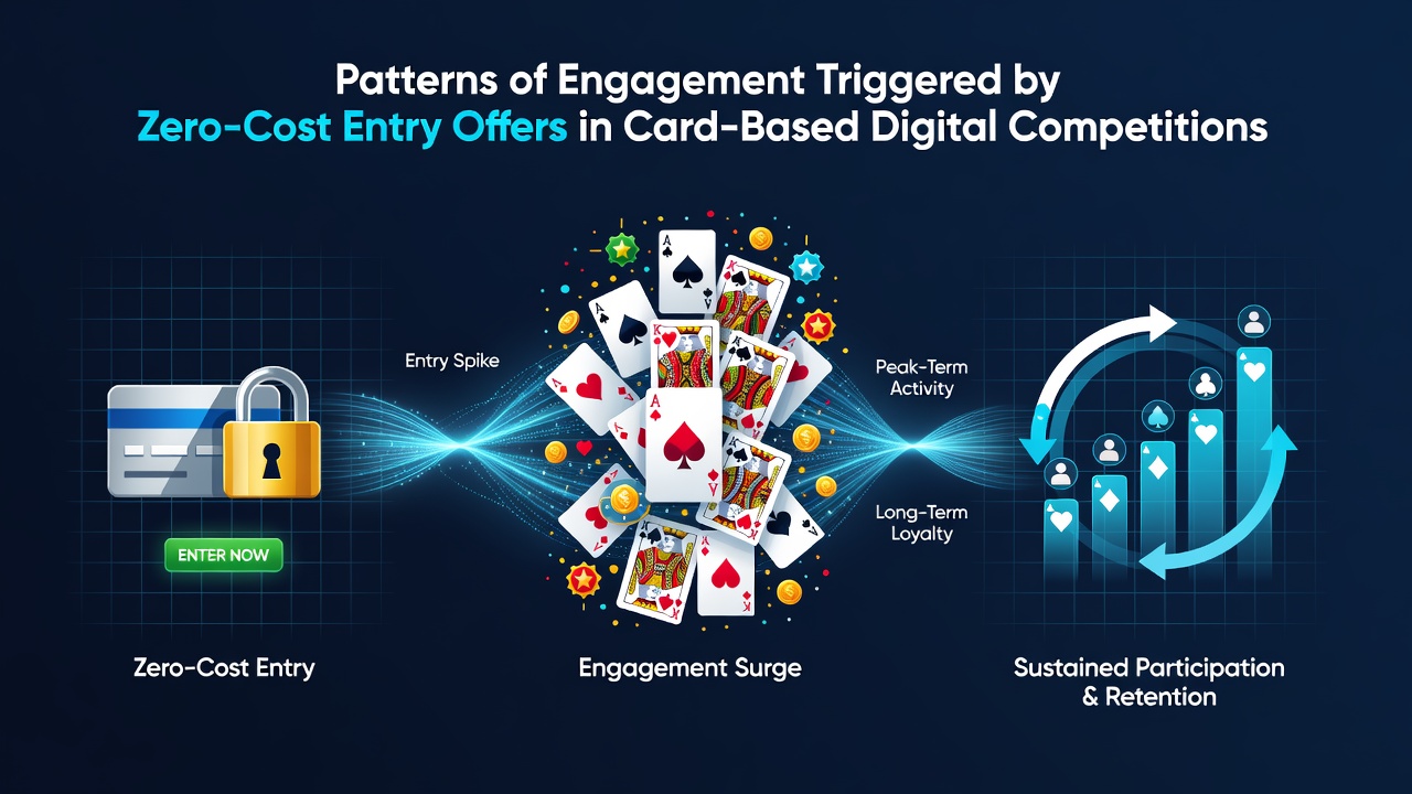 Digital card competition interface showing free entry tournament lobby with player statistics and engagement metrics displayed