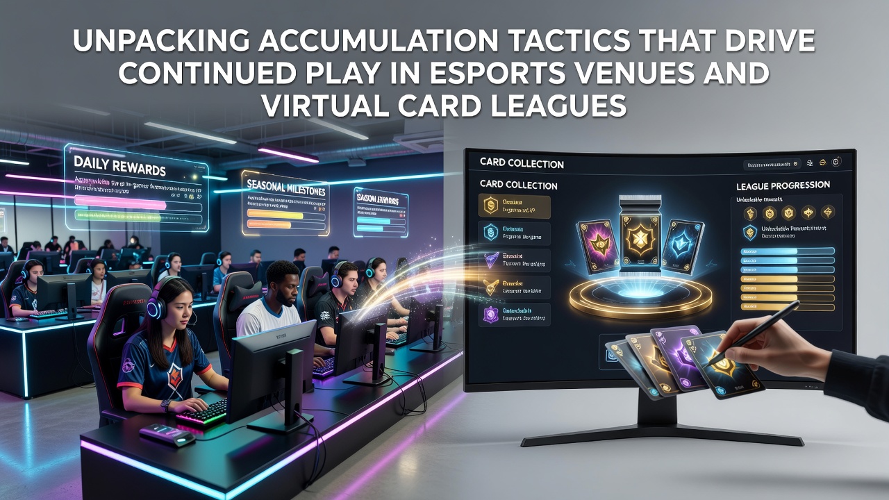 Esports venue interior showing player stations with digital reward displays and progression screens
