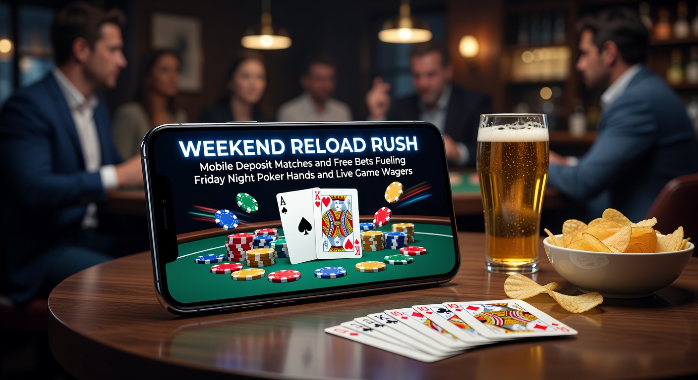 Smartphone screen displaying a vibrant reload bonus offer for weekend poker and live betting on a Friday evening